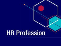 A blue rectangle with white, red and aqua hexagons in the top right hand corner. The text HR Profession appears near the bottom in white text.