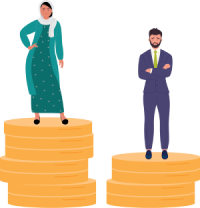 picture of a woman standing on 7 large coins and a man standing on 4 large coins