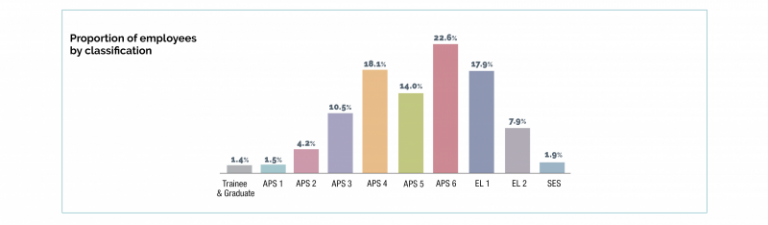 column graph that provides data on the proportion of employees by classification. The APS 6 (22.6%), APS 4 (18.1%) and EL 1 (17.9%) classifications have the highest proportion of employees.