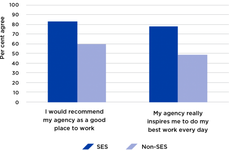 Figure 43 presents the differences in perceptions of their agency between 2018 APS employee census respondents who were SES employees and those who were not. Eighty-three per cent of SES employees agreed that they would recommend their agency