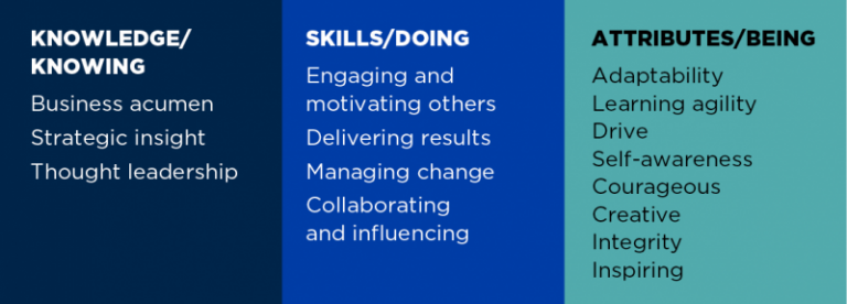 Figure 53 presents common leadership themes. Knowledge/knowing: business acumen, strategic insight, thought leadership. Skills/doing: engaging and motivating others, delivering results, managing change, collaborating and influencing.