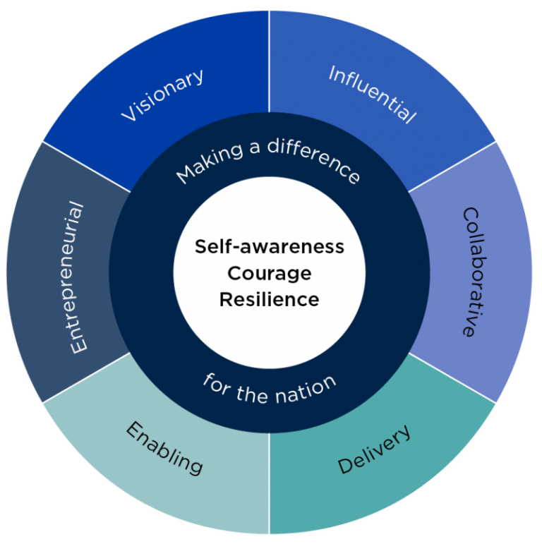 A infographic wheel showing Leadership capabilities for senior roles