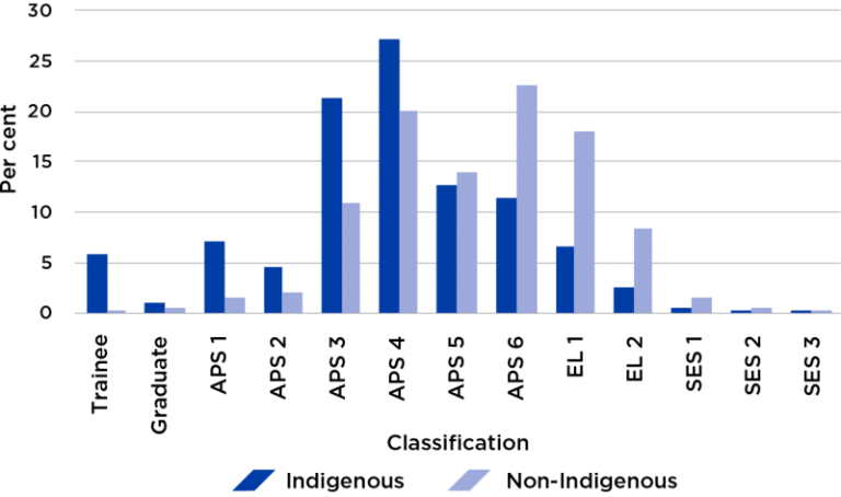 Figure 31 presents the representation of Indigenous and non-Indigenous employed at each classification level within the APS as at June 2018. The largest proportions of Indigenous employees were employed at the APS 4 (27%) and APS 3 (21%) classification le