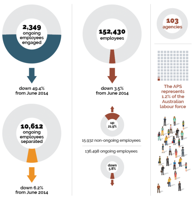 This infographic shows the APS has engaged 2,349 ongoing employees, this is down 49.4% from June 2014; and that 10,612 ongoing employees have separated, down 6.2% from June 2014. This infographic shows the APS has 152,430 employees,
