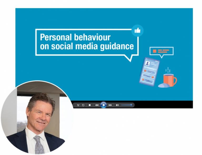  A still frame of a video showing a speech bubble overlaid with a ‘thumbs up’ icon. The speech bubble’s text reads ‘Personal behaviour on social media guidance’.