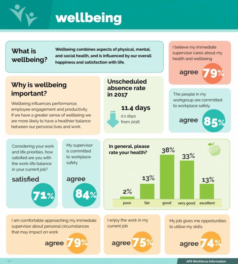 This graphic shows a summary of information on wellbeing. Wellbeing combines aspects of physical, mental and social health, and is influenced by our overall happiness and satisfaction with life.