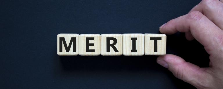 Stock Image of the word Merit spelled out with scrabble pieces