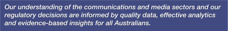 Our understanding of the communications and media sectors and our regulatory decisions are informed by quality data, effective analytics and evidence-based insights for all Australians.