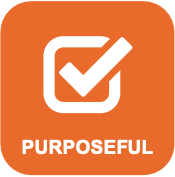 An orange square with rounded corners there is a white check mark in the centre with the word purposeful underneath in white