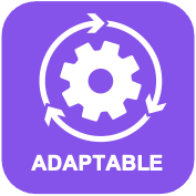 A purple square with rounded corners featuring an illustration of a cog in white with a series of arrows forming a circle around it. Underneath it says adaptable