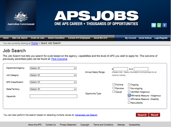A screengrab of the APS Jobs job search page showing the "Affirmative Measure - Indigenous" box has been ticked to filter search results to only show results that meet the criteria