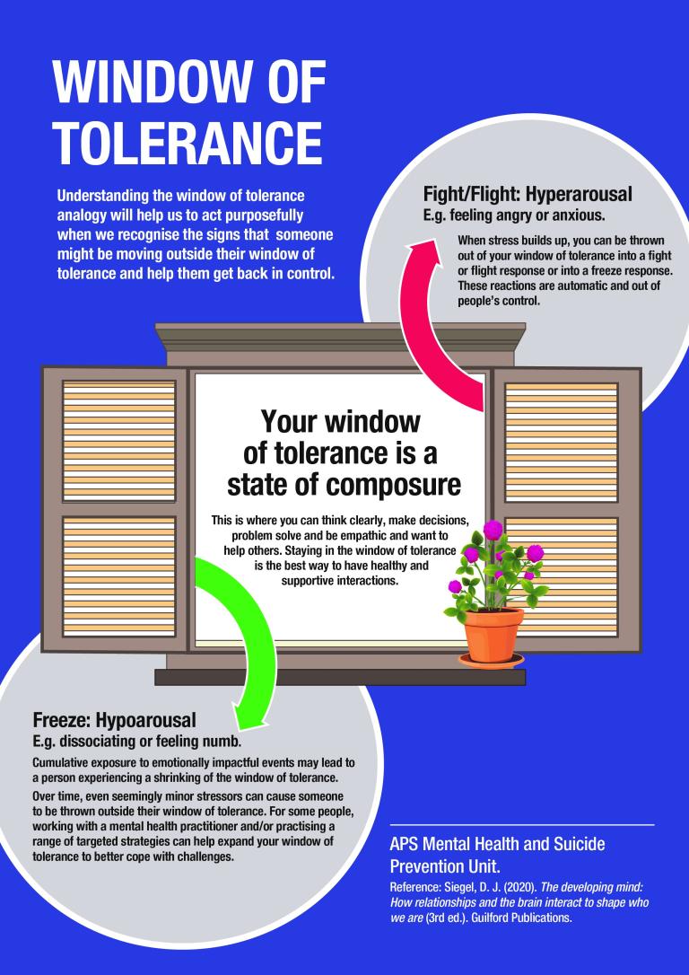 An illustration of a window with some text that explains the "Window of Tolerance" theory