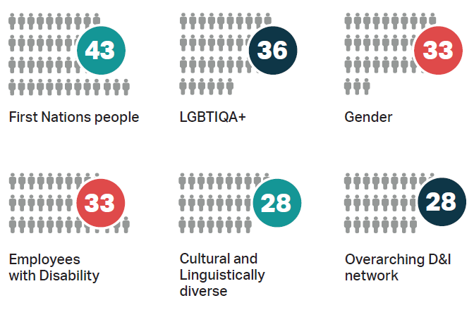 This image shows the number of agencies who report having an employee network in the following areas. First Nations people 43, LGBTIQA+ 36, Gender 33, Employees with disability 33, Culturally and Linguistically diverse 28 and an overarching diversity and inclusion network 28.