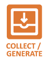 A white illustration of an arrow pointing down into a tray on an orange background with the word Collect / Generate