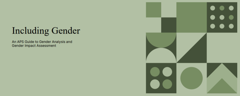A green image with the text Including Gender as a headline with An APS guide to Gender Analysis and Gender Impact Assessment