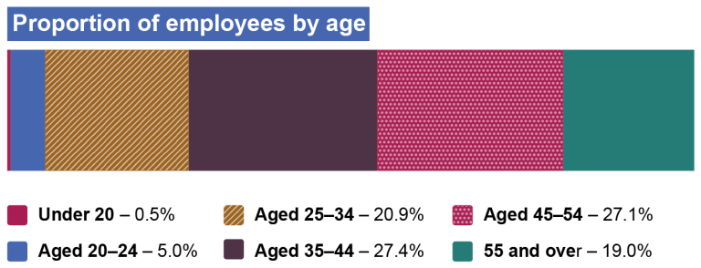Proportion of employees by age – An infographic displaying key statistics from the 2023 APS Employee Census and 30 June 2023 APSED data release. The 35–44 age group has the highest proportion of employees at 27.4%, followed closely by the 45–54 age group at 27.1%. The 25–34 age group has the next highest proportion of employees at 20.9%, then 19.0% in the 55 and over age group. The younger age groups of 20–24 and under 20 have proportions of 5.0% and 0.5% respectively.