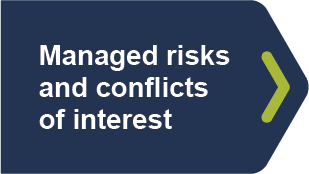 Managed risks and conflicts of interest in bold white font on a blue background