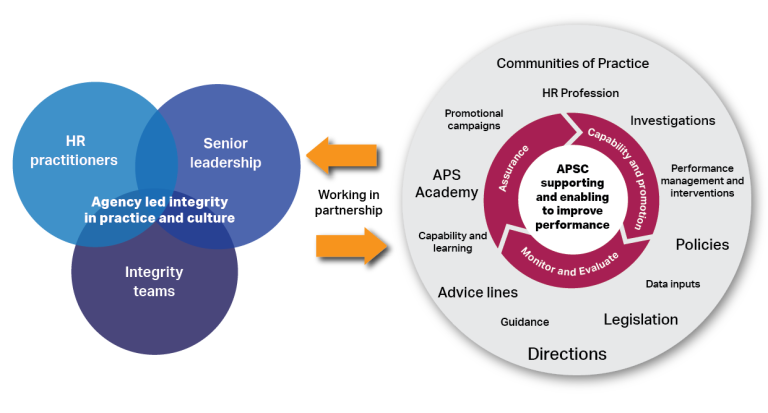 A diagram showing APSC-led & Agency-led activities in integrity & culture. Agency led integrity is at the centre of a venn diagram of HR practitioners, Senior leadership and Integrity teams. The APSC's actions to support agencies to improve performance: Directions, Guidance, Advice, learning, APS Academy, campaigns, Communities of Practice, HR Profession, Investigations, Performance, Policies, Data, Legislation. These activities are led by the strategy: Capability & promotion, evaluation, & assurance.