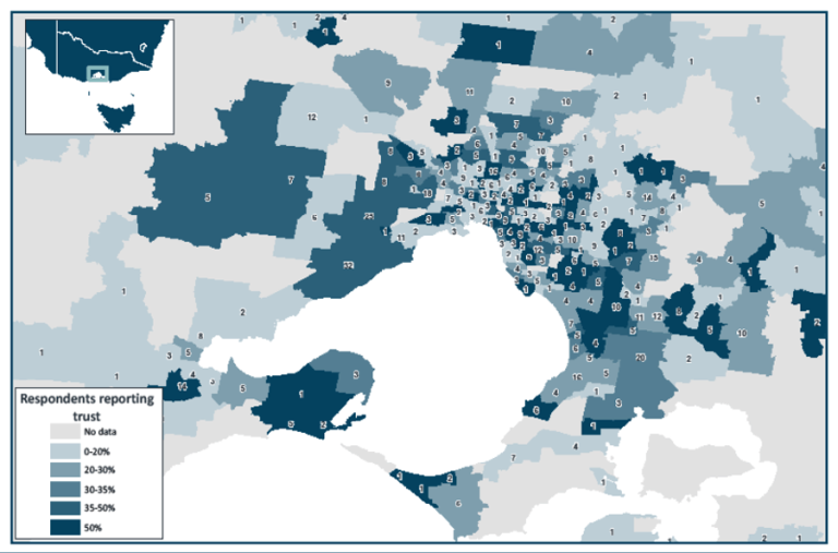 A map of metropolitan Melbourne showing trust by postal area. There are no clear trends by area.