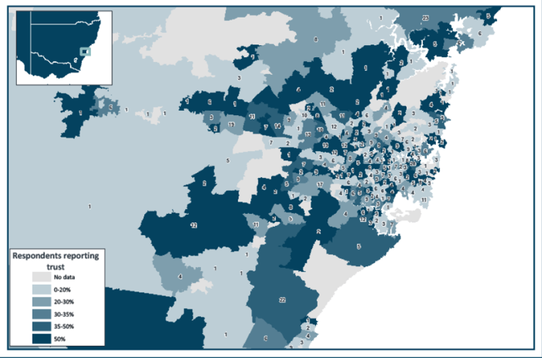 A map of metropolitan Sydney showing trust by postal area. There are no clear trends by area.