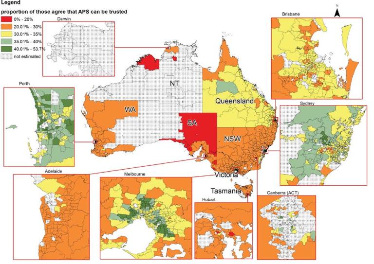 Map of Australia showing small-area trust in government services in five levels from low (0–20%) to high (40–53%). Outback SA and northern WA show low trust; most of NSW, WA and SA show mid-low; Queensland shows medium; Brisbane mixed mid-low and medium; Sydney mainly mid-high; Hobart mainly mid-low; Melbourne inner suburbs high/mid-high and outer suburbs medium/mid-low; Adelaide mainly mid-low; Perth mainly high/mid-high. Large parts of Canberra and remote WA, SA and NT not estimated.