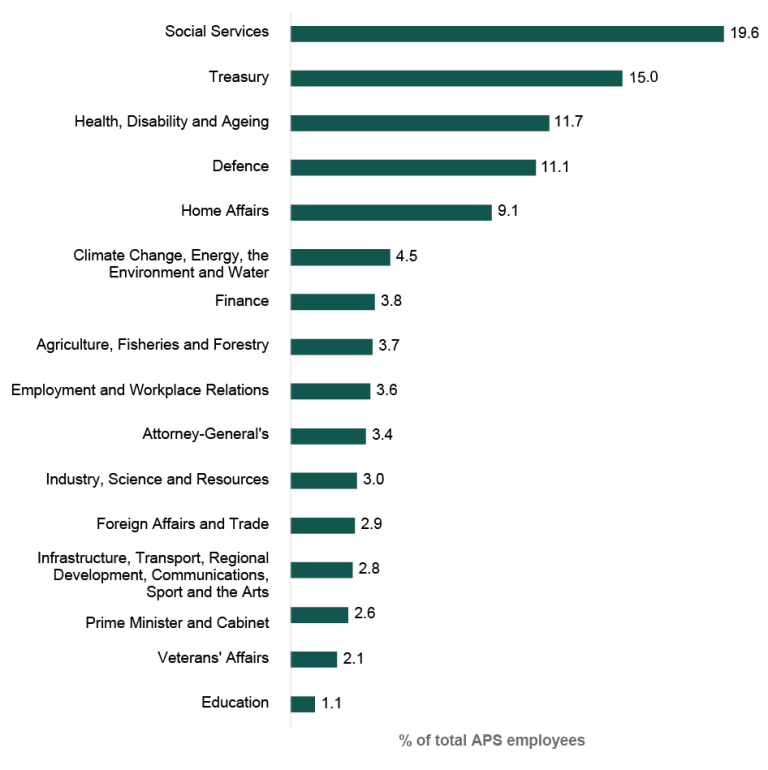 A bar graph showing portfolios as a proportion of APS employee headcount at 30 June 2025, as recorded in APSED. Portfolio: DSS: 19.6%; Treasury: 15.0%; Health, Disability and Ageing: 11.7%; Defence: 11.1%; DHA: 9.1%; Climate Change, Energy, the Environment and Water: 4.5%; Finance: 3.8%; DAFF: 3.7%; DEWR: 3.6%; Attorney-General’s: 3.4%; DISR: 3.0%; DFAT: 2.9%; Infrastructure, Transport, Regional Development, Communications, Sport and the Arts: 2.8%; PM&C: 2.6%; Veterans’ Affairs: 2.1%; Education: 1.1%.