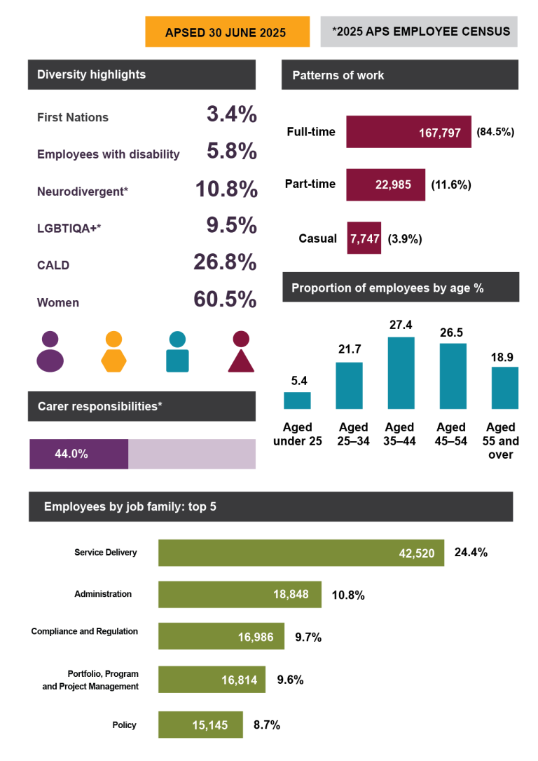 The second APS at a glance infographic shows data from the 2025 APS Employee Census and the 30 June 2025 APSED data release. The data shown relates to APS workforce diversity, patterns of work, carer responsibilities, proportion of APS employees by age, and the top 5 APS job families. Information in this infographic is also available in Tables 5ꟷ9.