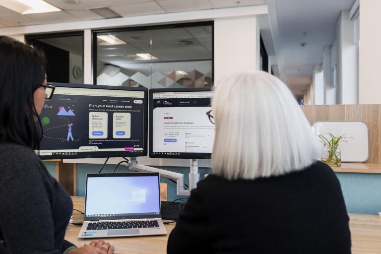 A photograph of two APS employees using the APS Career Pathfinder website. 