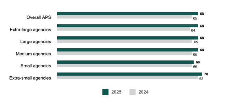 A bar graph comparing the APS Employee Census Enabling Innovation Index scores for 2025 and 2024 by agency size. Data in this figure is also available in Table AB 16