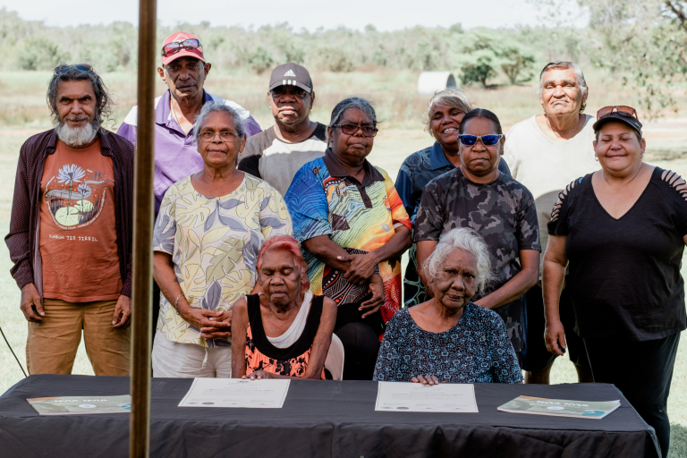 A photograph of people from the Beagle Bay Community in Western Australia, on the occasion of the dedication of the Nyul Nyul Indigenous Protected Area. 