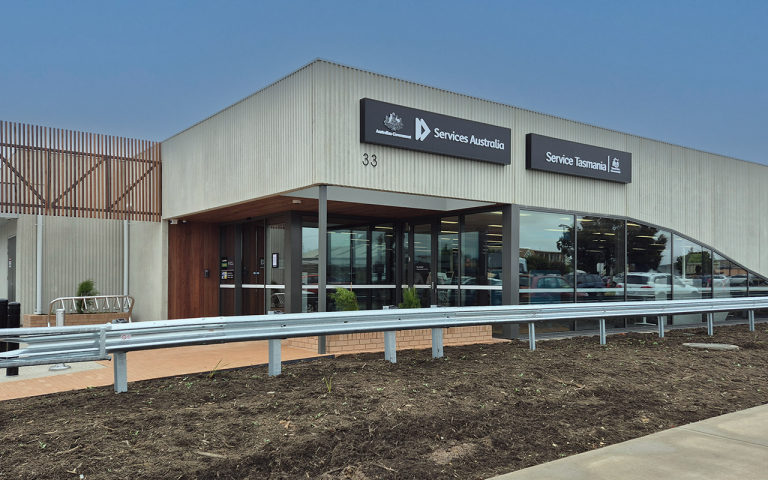 A photograph of the exterior of the new purpose-built building in Sorrell shared by Services Australia and Service Tasmania.