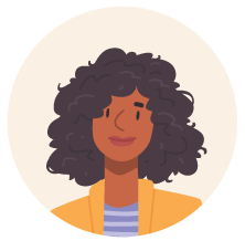 Illustrated portrait of a smiling woman with dark curly hair, brown skin, and an orange jacket over a striped shirt.