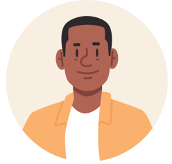 Illustrated portrait avatar of a smiling man wearing an orange and white shirt.
