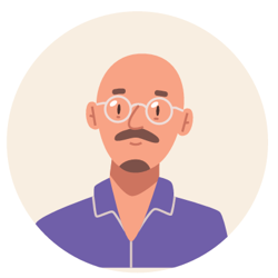 Illustrated avatar portrait of a bald person with a mustache, wearing glasses and a purple collared shirt.