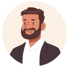 Illustrated portrait avatar of a bearded man with dark hair, wearing a white shirt and dark jacket.