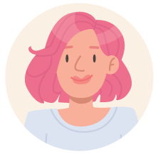 Illustrated portrait avatar of a smiling woman with pink hair and a light blue shirt.