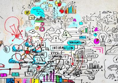 Man whiteboarding complex interconnected factors impacting workforce and future workforce planning.