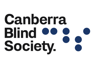 Image is of Canberra Blind Society text, to the right is a graphic of large circles not touching.