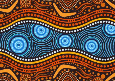 Artwork in the style of indigenous Australian dot painting. The image shows horizontal blue band with earthen colour bands above and below