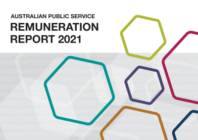 Text saying Australian Public Service Remuneration Report 2021 atop various coloured hexagons floating on a grey background