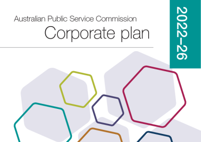 Text says Australian Public Service Commission Corporate plan 2022-26 with a series of different coloured hexagons underneath