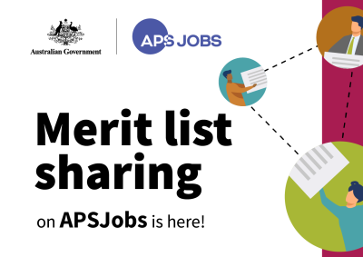 The words "Merit list sharing on APS Jobs is here" are centred, beneath an Australian government logo and the logo for APS Jobs. To the right of the image are illustrations of people, connected by lines to suggest 'sharing'