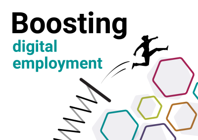 Text that says "Boosting digital employment" with a human figure using a spring board to launch across a number of coloured hexagons