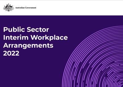 An Australian Federal Government Crest on a white strip which sits atop a purple block with the words "Public Sector Interim Workplace Arrangements 2022" on it in bold white text