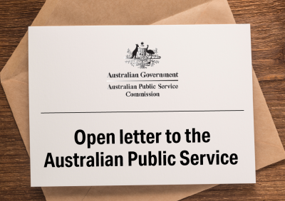 A picture of an open envelope with a letter. The letter features a Australian Government crest with the words Open letter to the Australian Public Service in bold, black letters