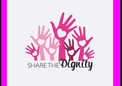 text reads share the dignity with a pink border and image of multicoloured hands reaching upwards with love hearts on their palms