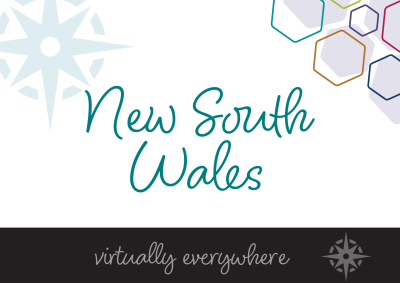 The words "New South Wales - Virtually Everywhere" on an abstract background, advertising the New South Wales state of the service roadshow event for 2023. 