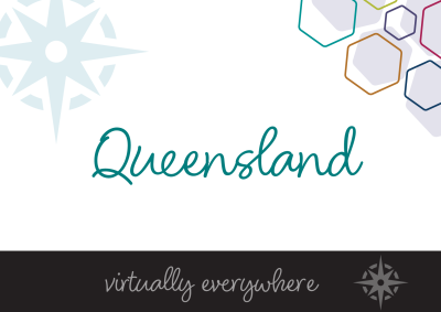 The word "Queensland - Virtually Everywhere" on an abstract background promoting the State of the Service Roadshow 2023 event for Queensland