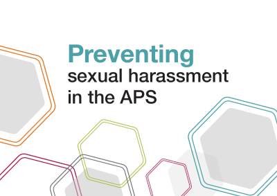 An image with abstract hexagons of differing colours with the text Preventing sexual harassment in the APS at the top