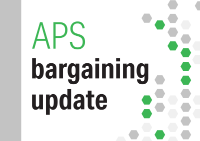 An abstract pattern of green and grey hexagons with the words APS bargaining update in bold lettering on the left hand side. An Australian Public Service Commission crest appears at the top